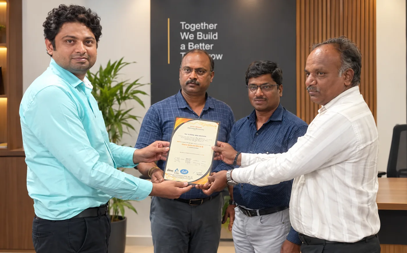 Impleton consultants presenting an ISO certification certificate to client representatives at their office
